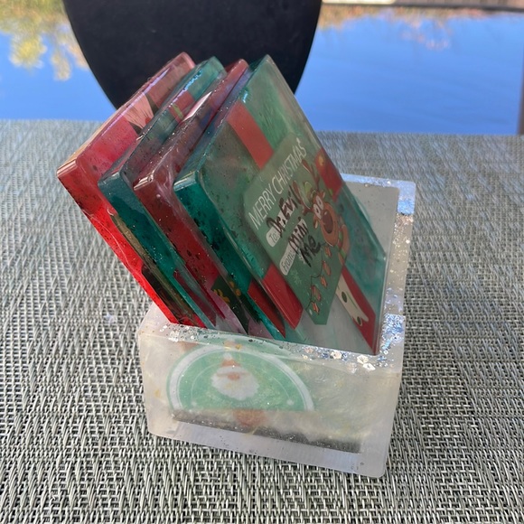 XMAS Handmade Festive Funny Holiday Square Coaster Set and Holder - Picture 16 of 17